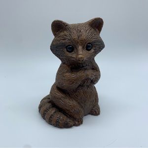 Vintage Raccoon Figurine Figure Cas Carved Wood Art Handcrafted Glass Eyes 1982